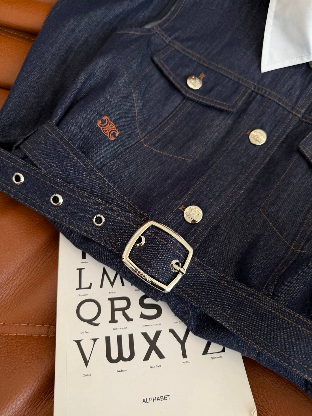 Celine Triomphe Embroidered Contrast Lapel Denim Dress