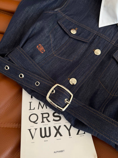 Celine Triomphe Embroidered Contrast Lapel Denim Dress