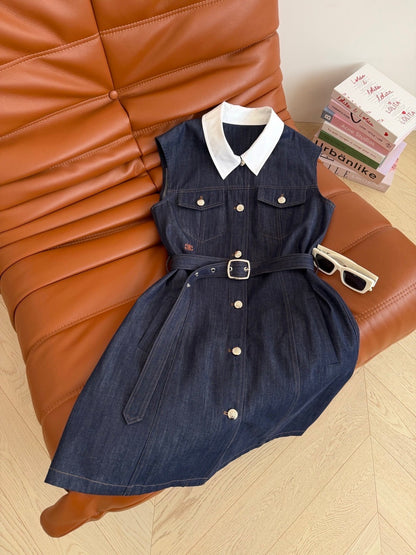 Celine Triomphe Embroidered Contrast Lapel Denim Dress