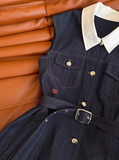 Celine Triomphe Embroidered Contrast Lapel Denim Dress