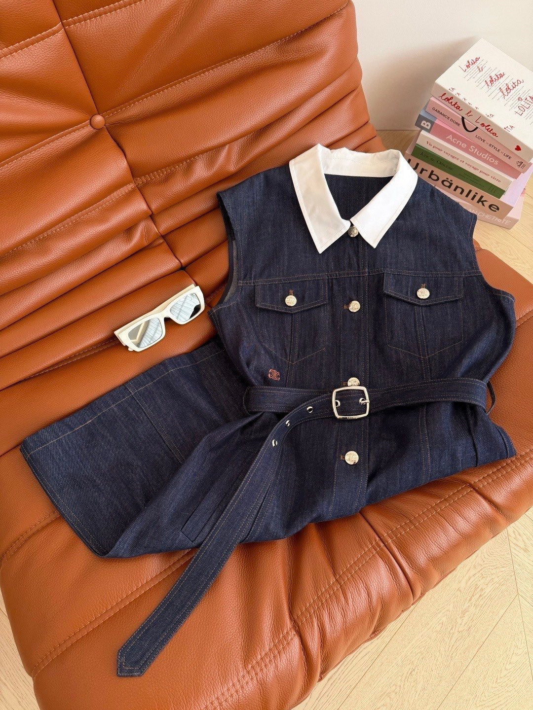 Celine Triomphe Embroidered Contrast Lapel Denim Dress