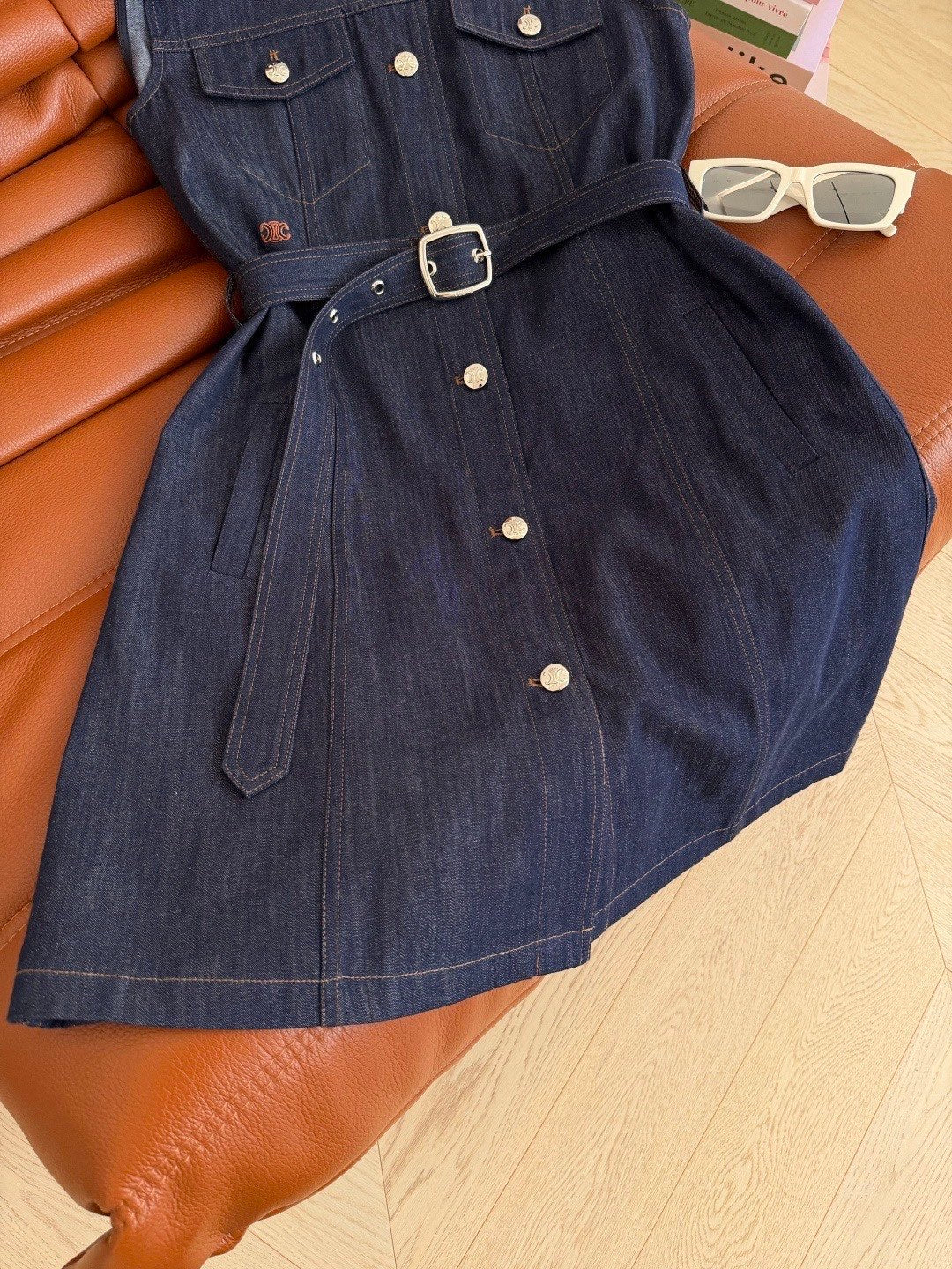Celine Triomphe Embroidered Contrast Lapel Denim Dress