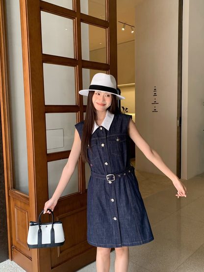 Celine Triomphe Embroidered Contrast Lapel Denim Dress