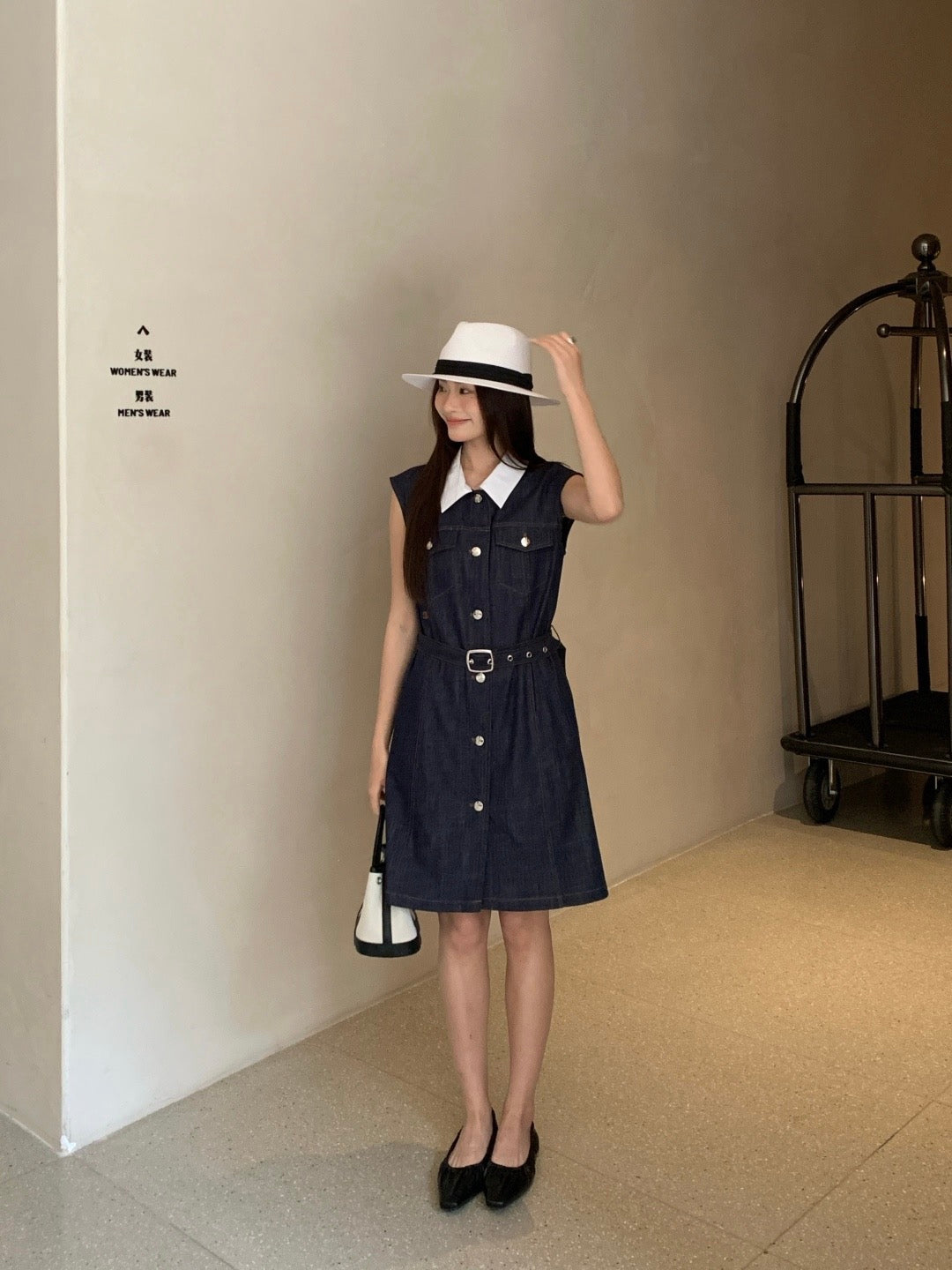 Celine Triomphe Embroidered Contrast Lapel Denim Dress