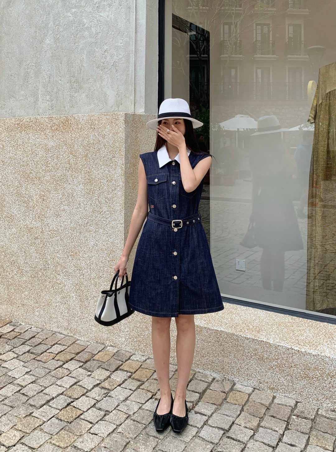 Celine Triomphe Embroidered Contrast Lapel Denim Dress