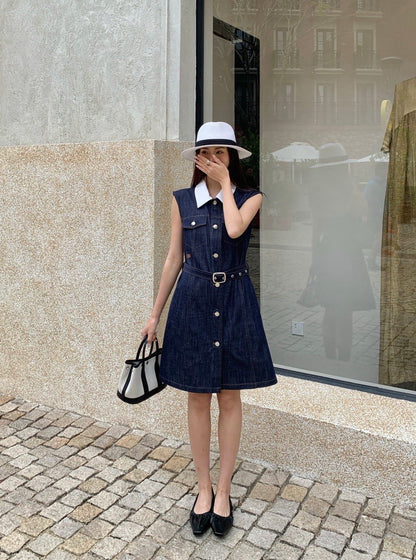 Celine Triomphe Embroidered Contrast Lapel Denim Dress