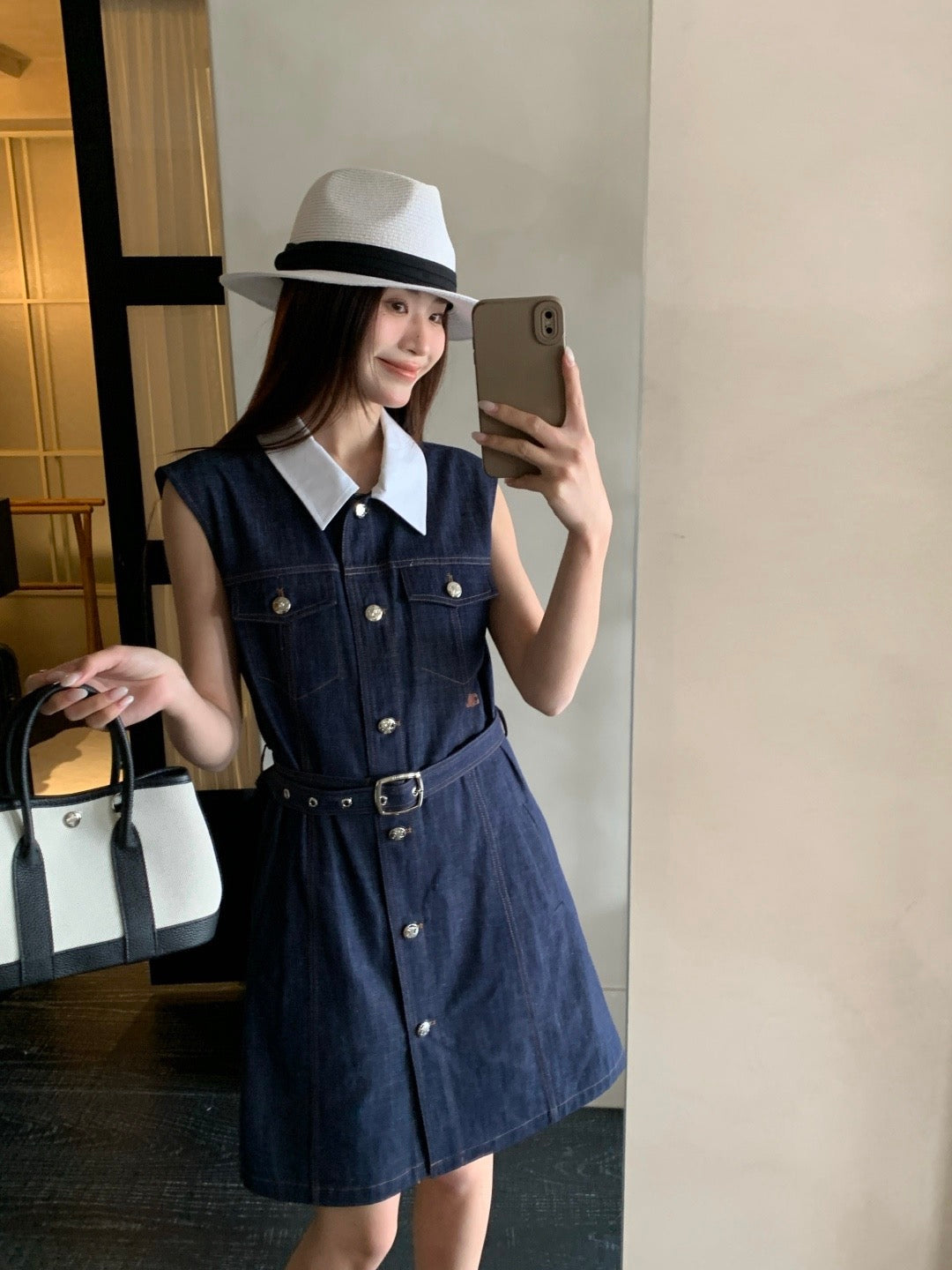 Celine Triomphe Embroidered Contrast Lapel Denim Dress