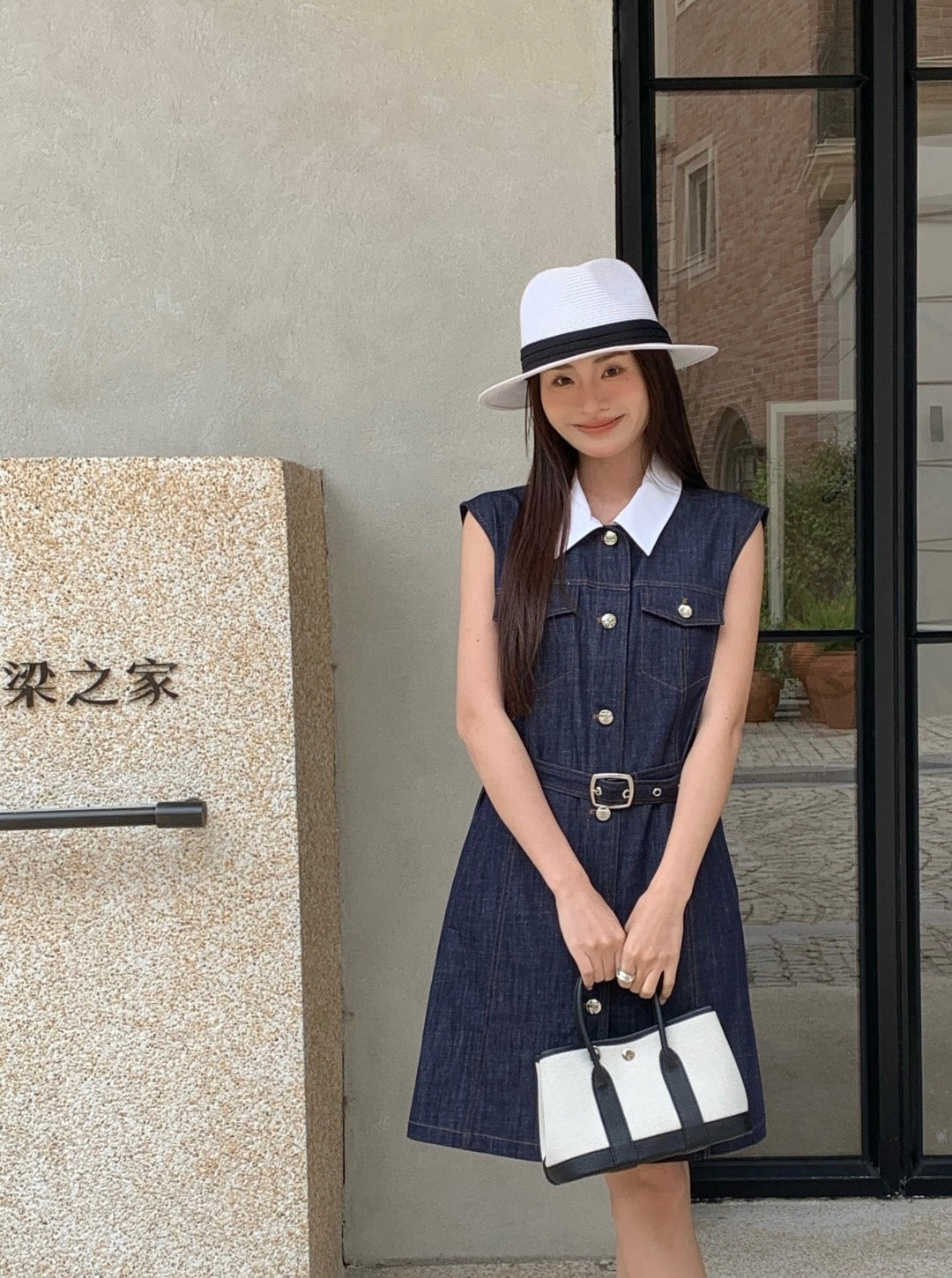 Celine Triomphe Embroidered Contrast Lapel Denim Dress