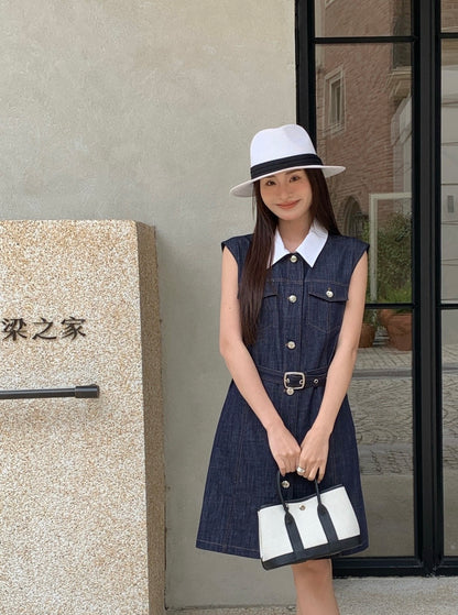 Celine Triomphe Embroidered Contrast Lapel Denim Dress