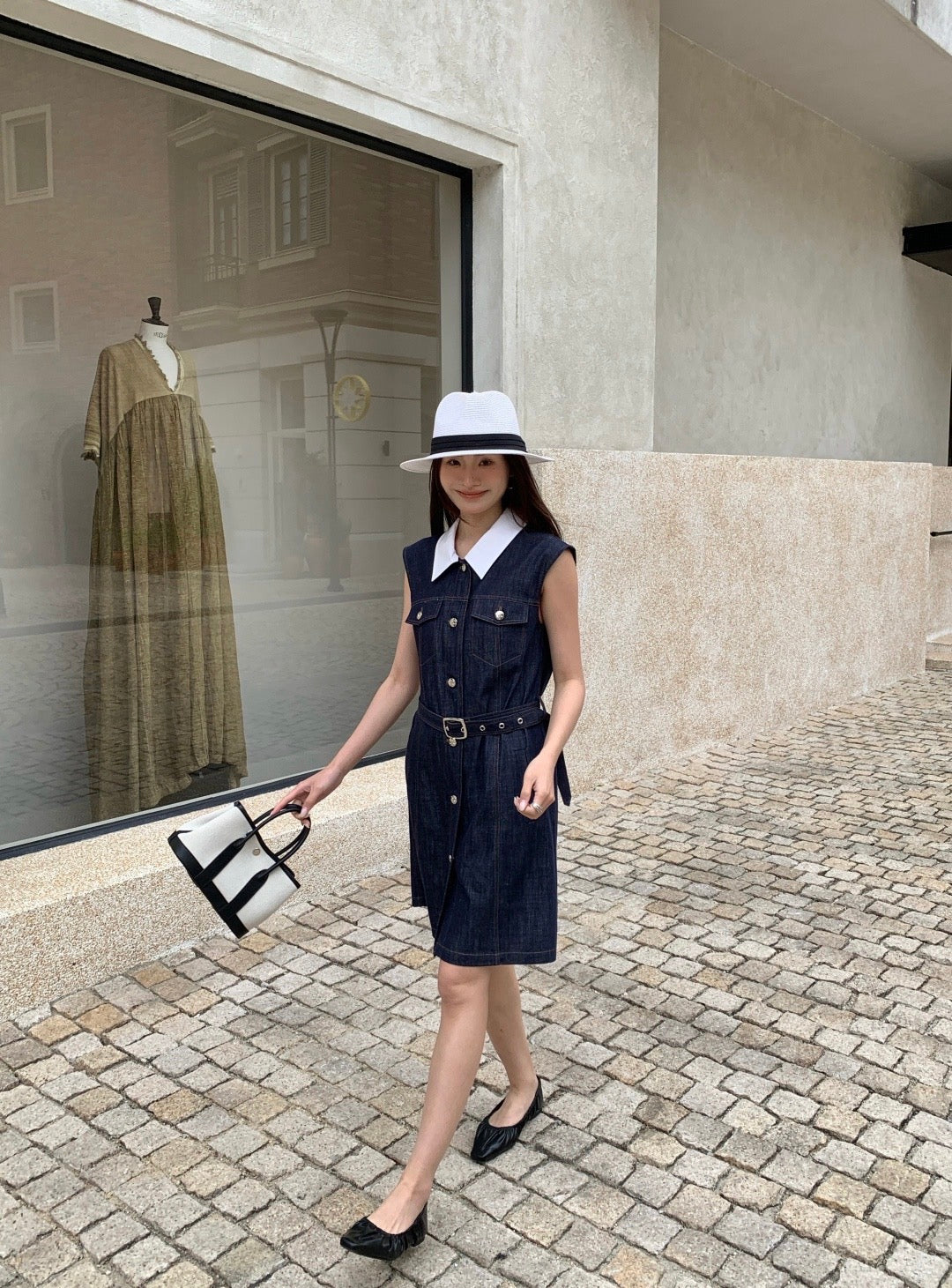 Celine Triomphe Embroidered Contrast Lapel Denim Dress