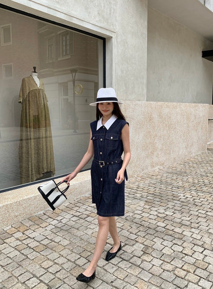 Celine Triomphe Embroidered Contrast Lapel Denim Dress