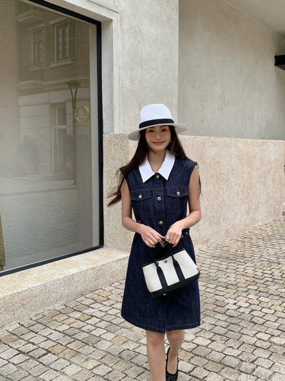Celine Triomphe Embroidered Contrast Lapel Denim Dress