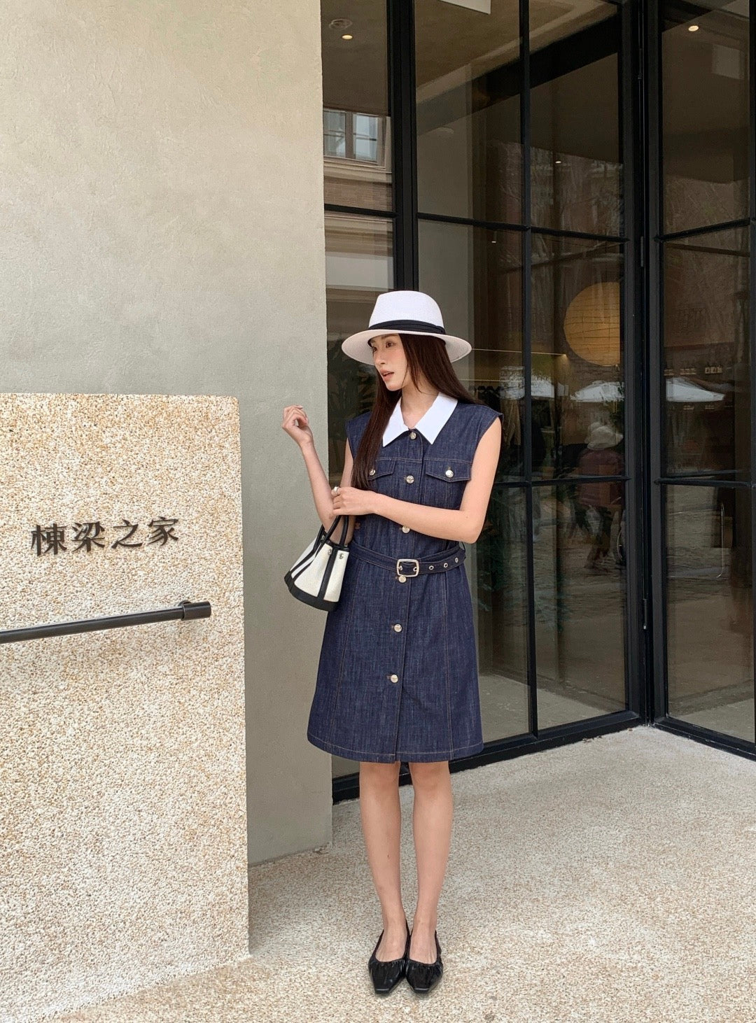 Celine Triomphe Embroidered Contrast Lapel Denim Dress