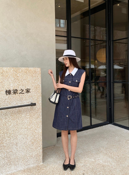 Celine Triomphe Embroidered Contrast Lapel Denim Dress