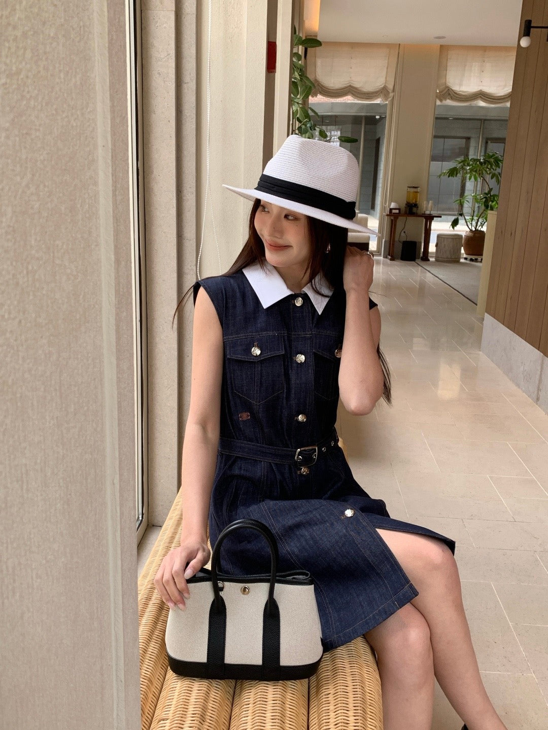 Celine Triomphe Embroidered Contrast Lapel Denim Dress