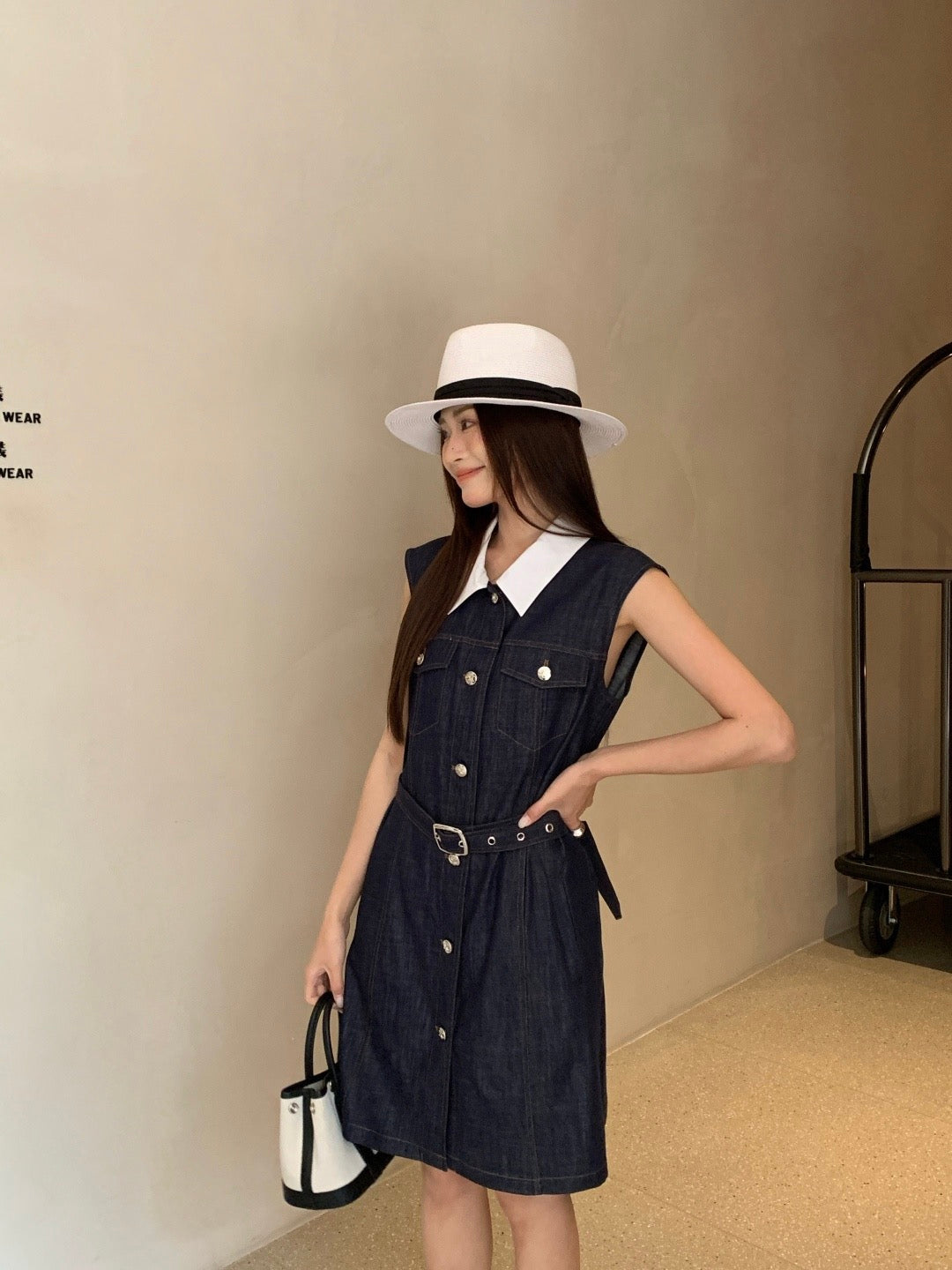 Celine Triomphe Embroidered Contrast Lapel Denim Dress