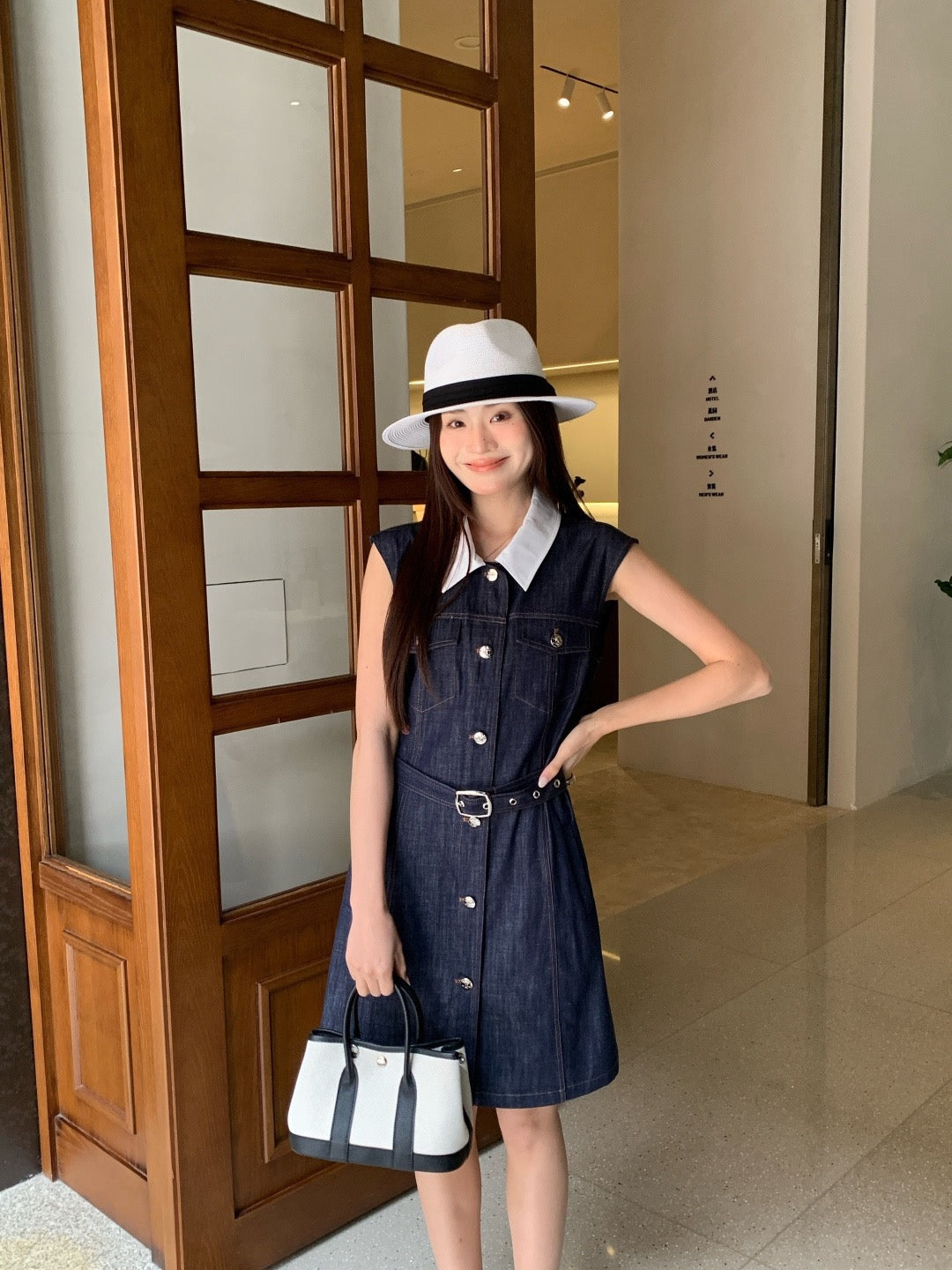 Celine Triomphe Embroidered Contrast Lapel Denim Dress