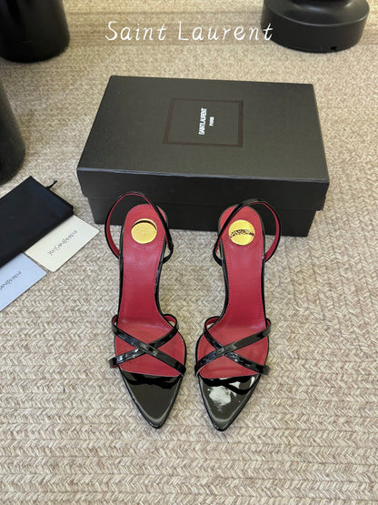 Saint Laurent Metal Logo Satin Heeled Sandals