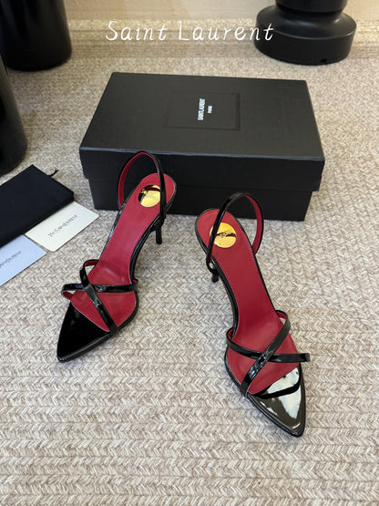 Saint Laurent Metal Logo Satin Heeled Sandals