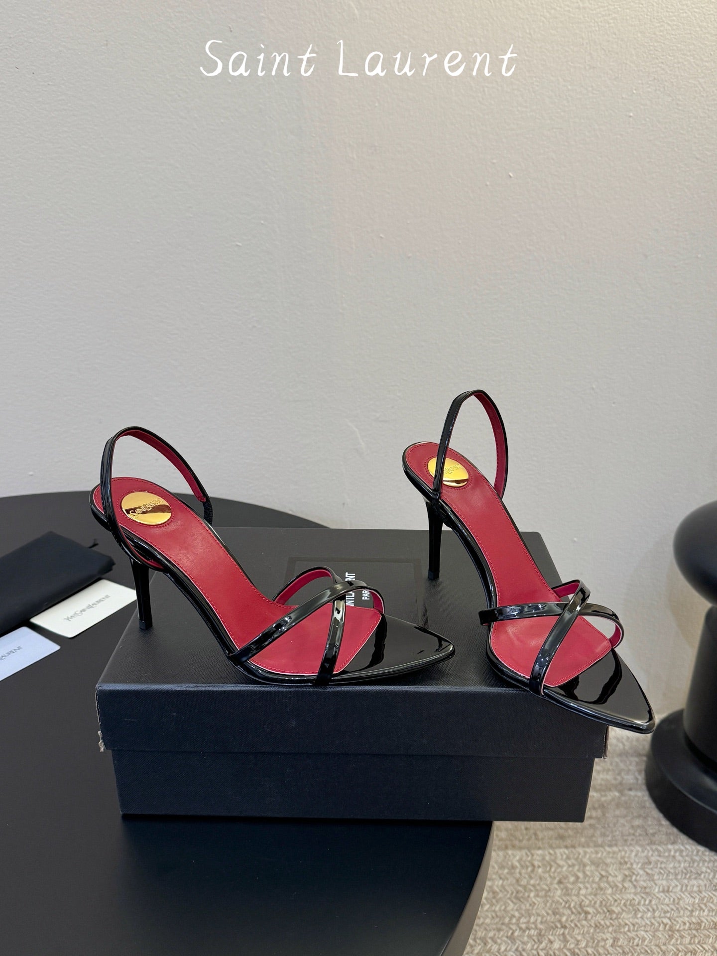 Saint Laurent Metal Logo Satin Heeled Sandals