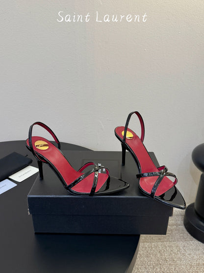 Saint Laurent Metal Logo Satin Heeled Sandals