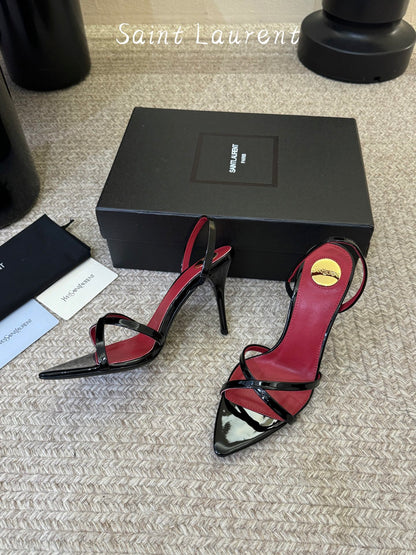 Saint Laurent Metal Logo Satin Heeled Sandals