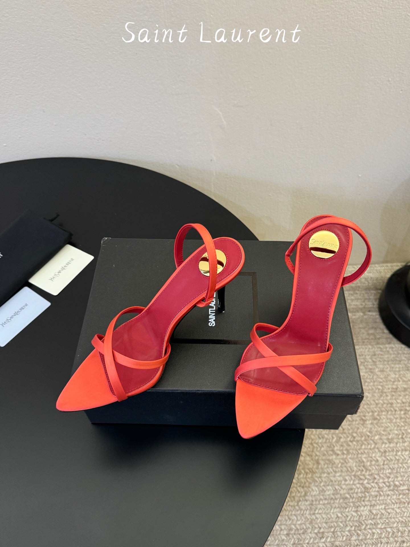 Saint Laurent Metal Logo Satin Heeled Sandals