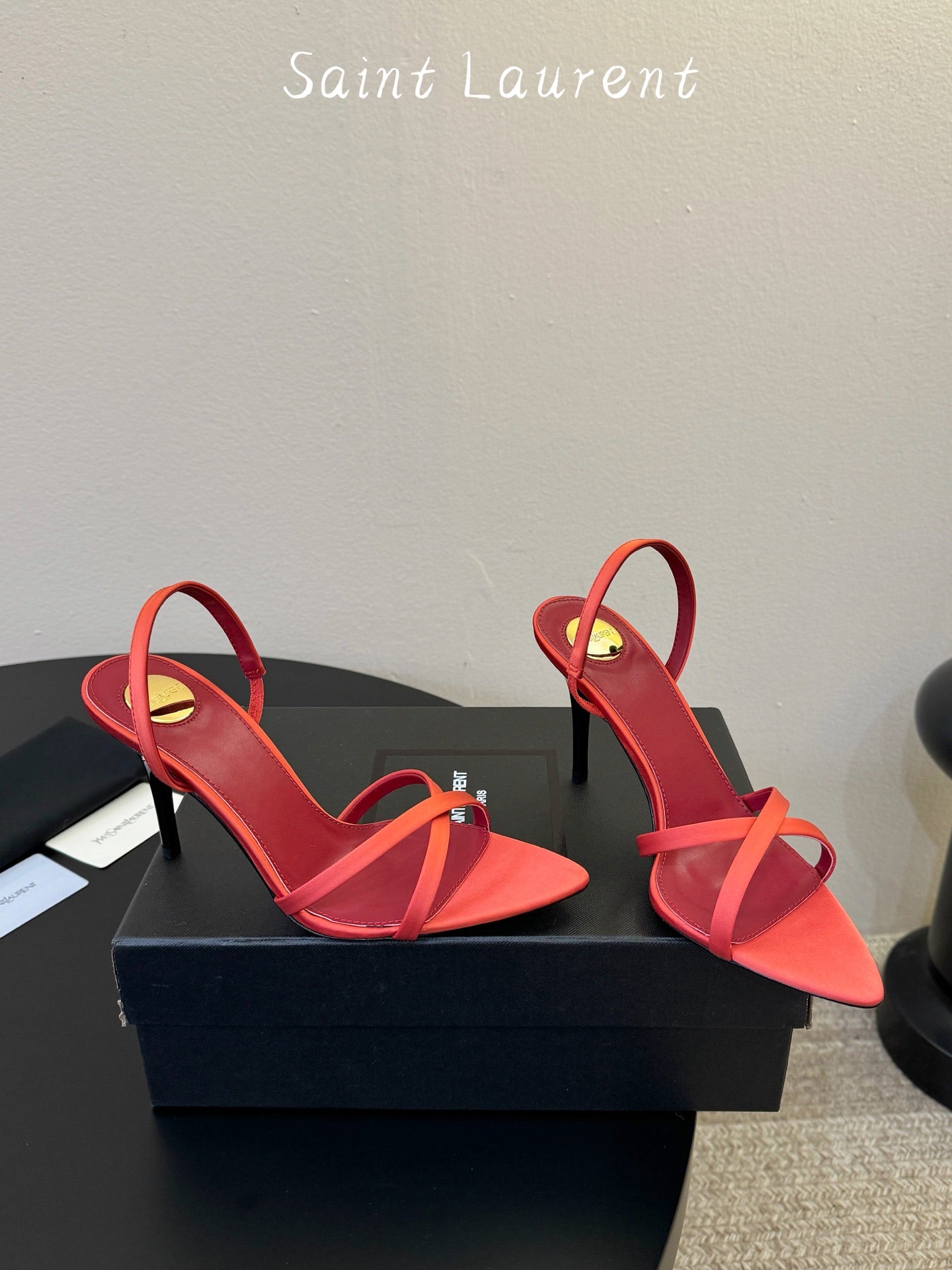 Saint Laurent Metal Logo Satin Heeled Sandals