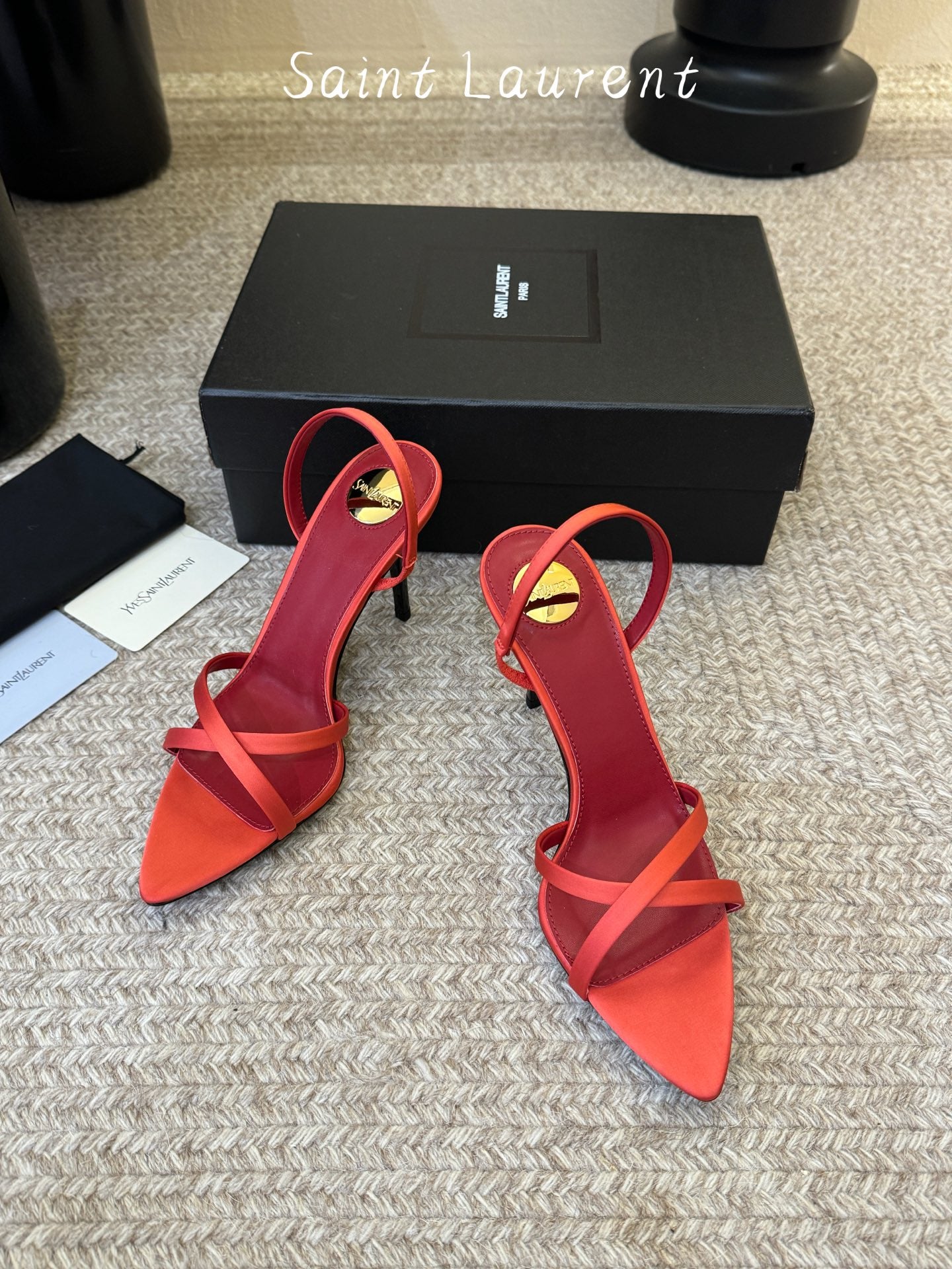 Saint Laurent Metal Logo Satin Heeled Sandals