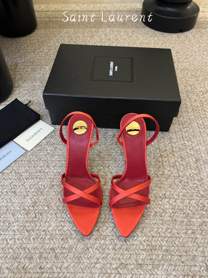 Saint Laurent Metal Logo Satin Heeled Sandals