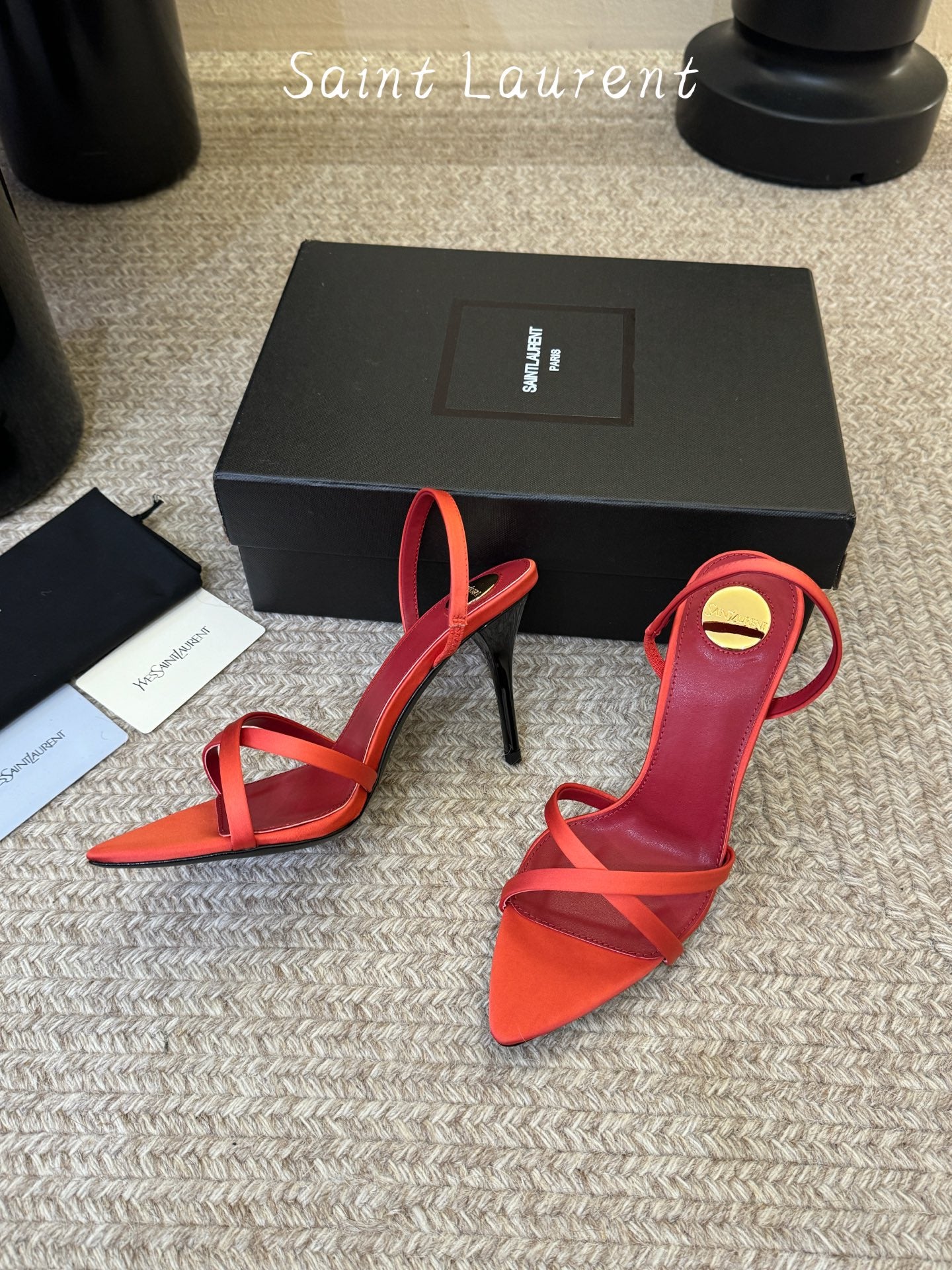 Saint Laurent Metal Logo Satin Heeled Sandals