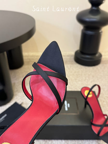Saint Laurent Metal Logo Satin Heeled Sandals