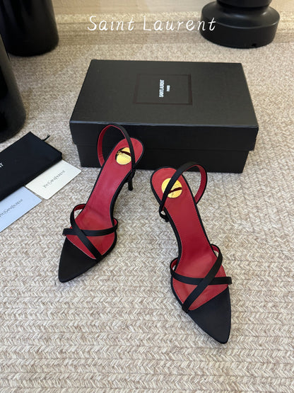 Saint Laurent Metal Logo Satin Heeled Sandals
