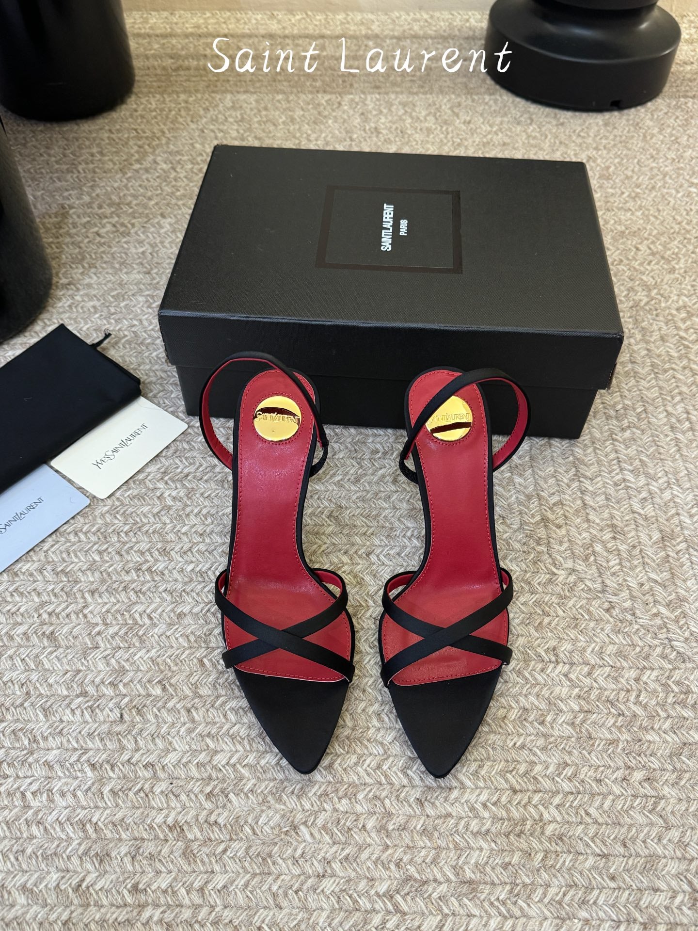 Saint Laurent Metal Logo Satin Heeled Sandals