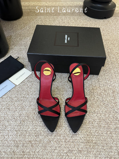 Saint Laurent Metal Logo Satin Heeled Sandals