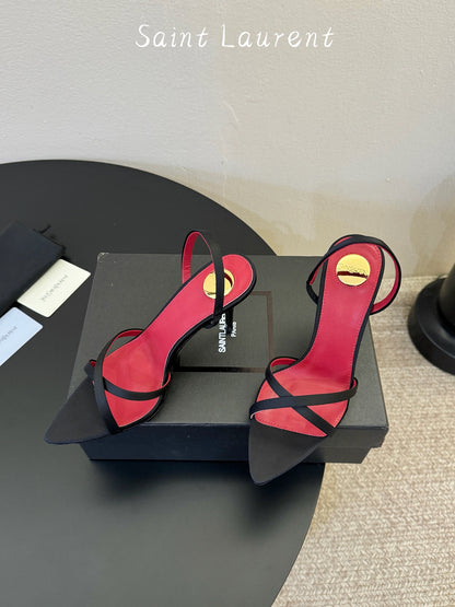 Saint Laurent Metal Logo Satin Heeled Sandals