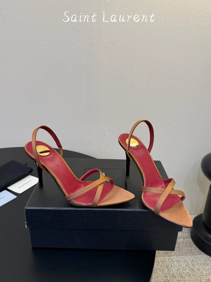 Saint Laurent Metal Logo Satin Heeled Sandals