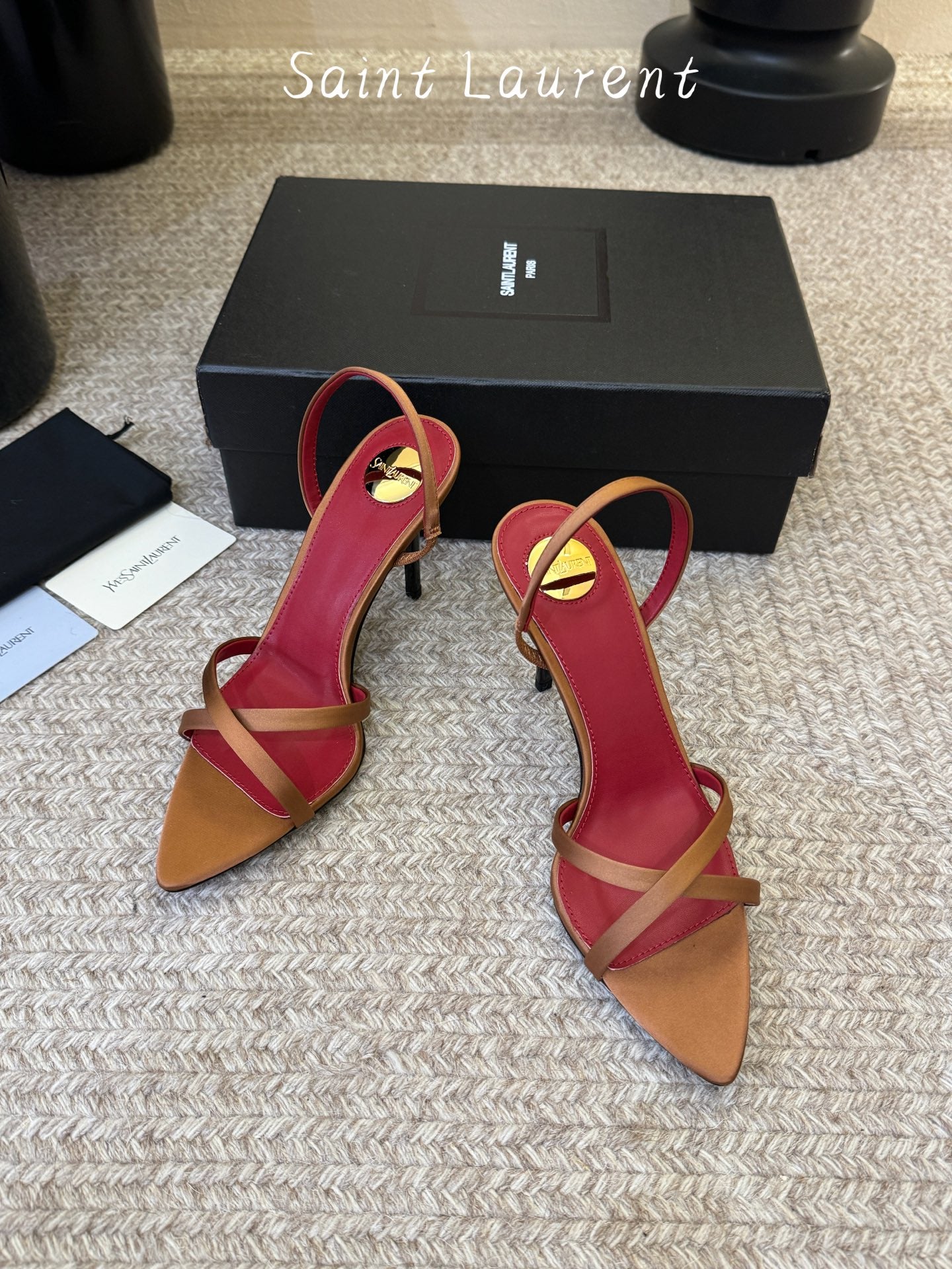 Saint Laurent Metal Logo Satin Heeled Sandals