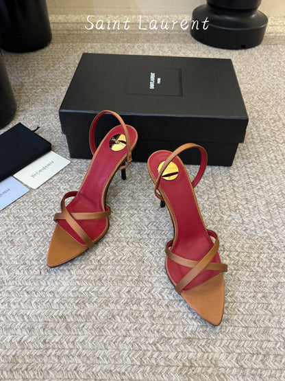 Saint Laurent Metal Logo Satin Heeled Sandals