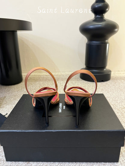 Saint Laurent Metal Logo Satin Heeled Sandals
