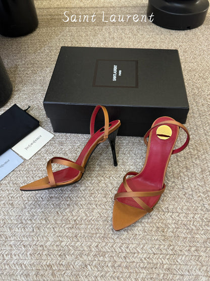 Saint Laurent Metal Logo Satin Heeled Sandals