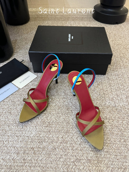 Saint Laurent Metal Logo Satin Heeled Sandals