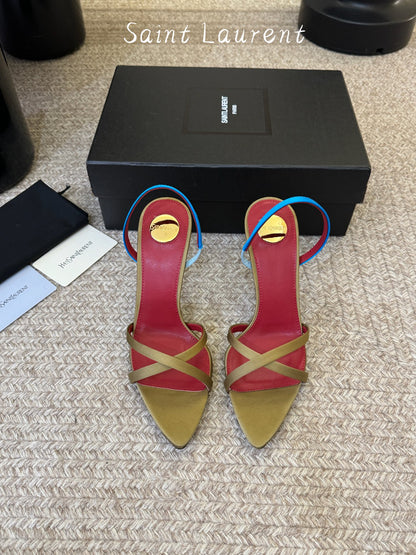 Saint Laurent Metal Logo Satin Heeled Sandals