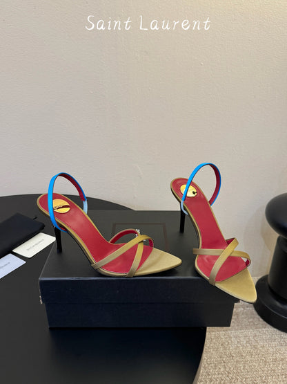 Saint Laurent Metal Logo Satin Heeled Sandals