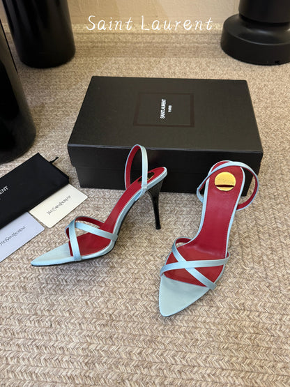 Saint Laurent Metal Logo Satin Heeled Sandals