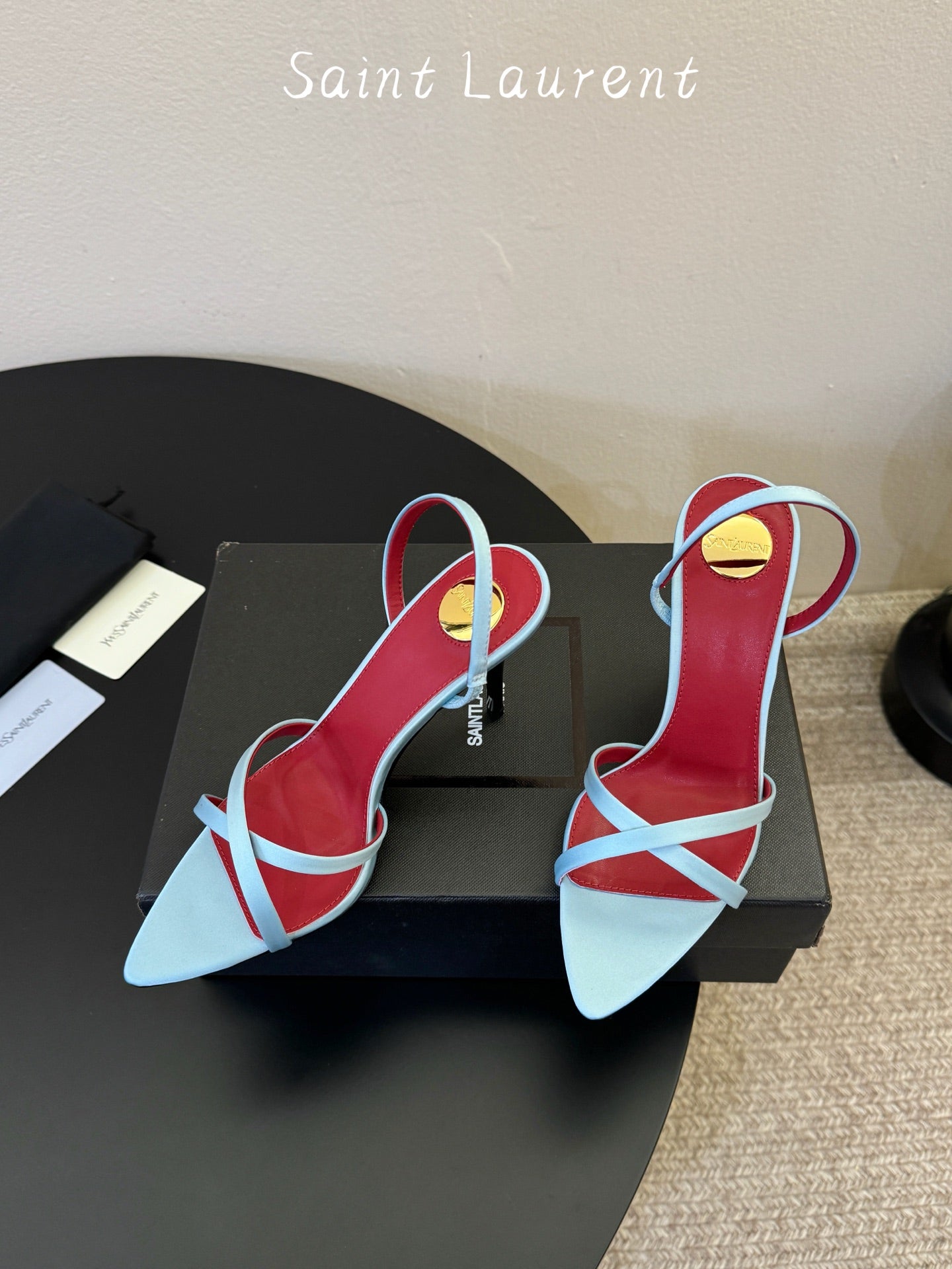 Saint Laurent Metal Logo Satin Heeled Sandals