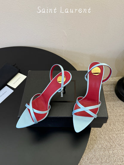 Saint Laurent Metal Logo Satin Heeled Sandals