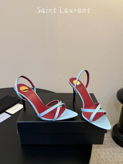 Saint Laurent Metal Logo Satin Heeled Sandals