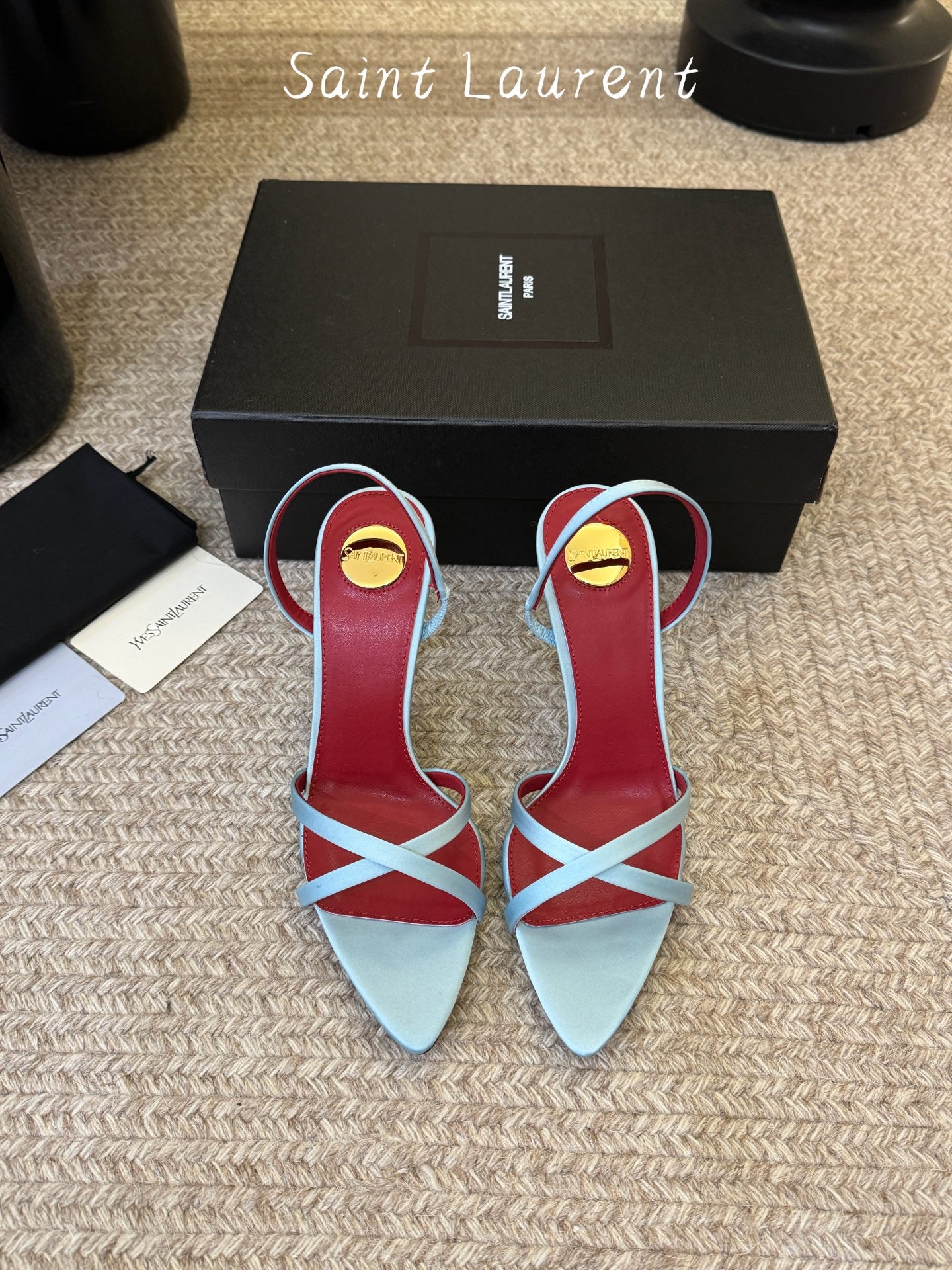 Saint Laurent Metal Logo Satin Heeled Sandals