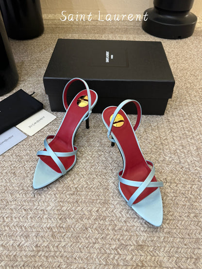 Saint Laurent Metal Logo Satin Heeled Sandals